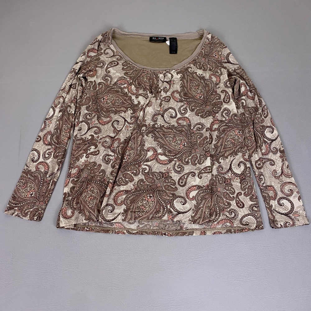 Axcess Liz Claiborne Top Women's XL Paisley Mesh Long Sleeve Scoop Neck Tan Pink